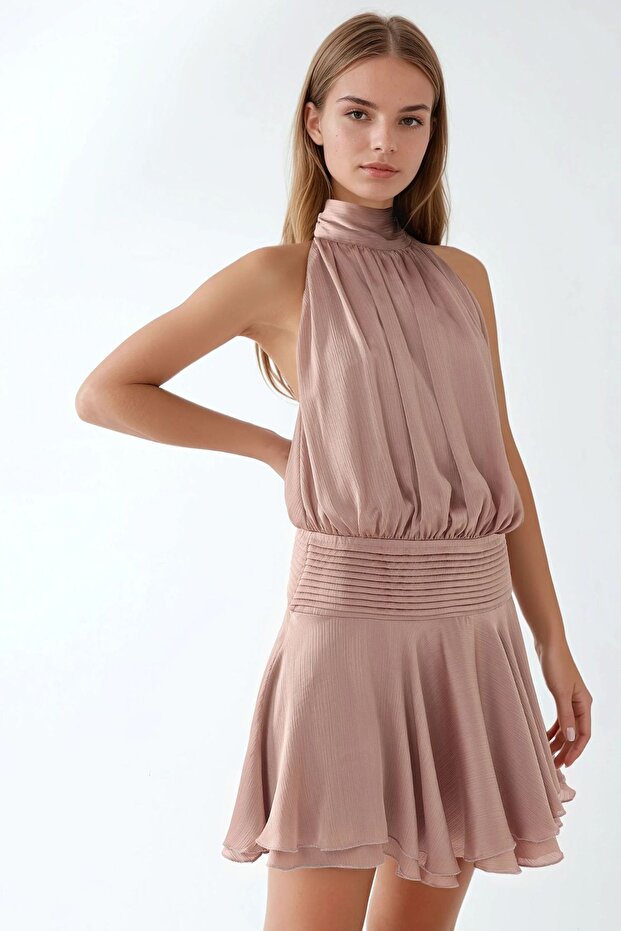 Rochie mini texturată cu guler înalt - 1