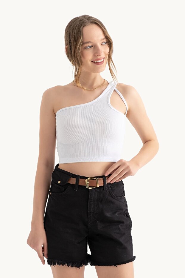 Tek Omuz Kolsuz Basic Crop Top - 3