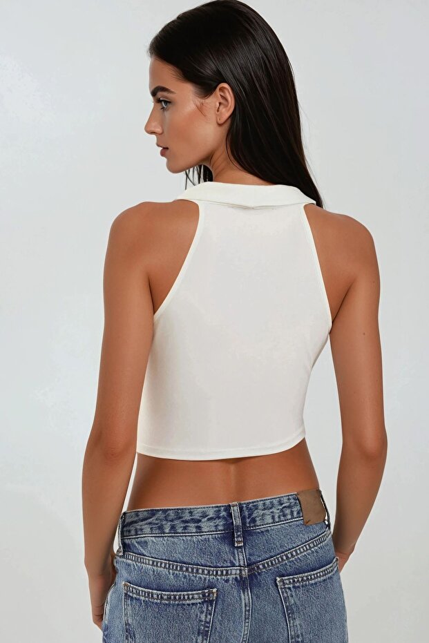 Halter Yaka Kruvaze Esnek Sandy Örme Üst - 3
