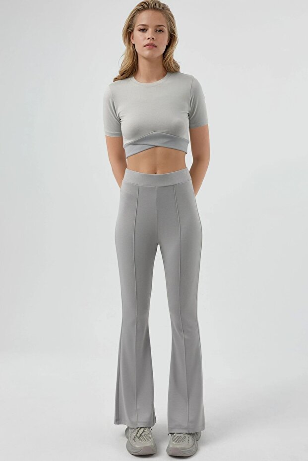 Modal Dokulu İspanyol Paça Pantolon - 6