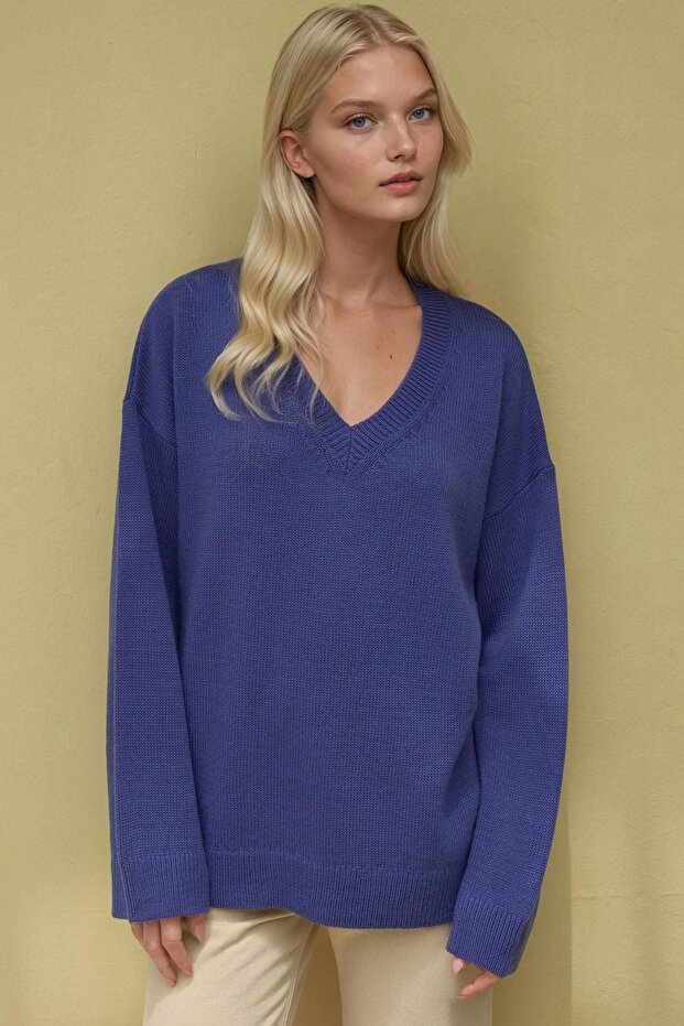 Kalın Örme V-Yaka Kazak - 6