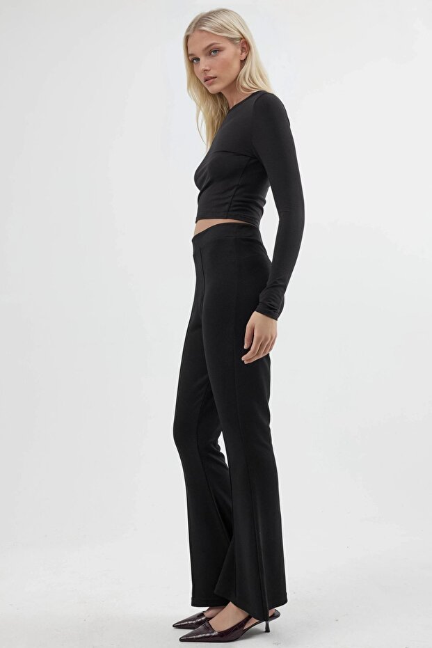 Modal Dokulu İspanyol Paça Pantolon - 5