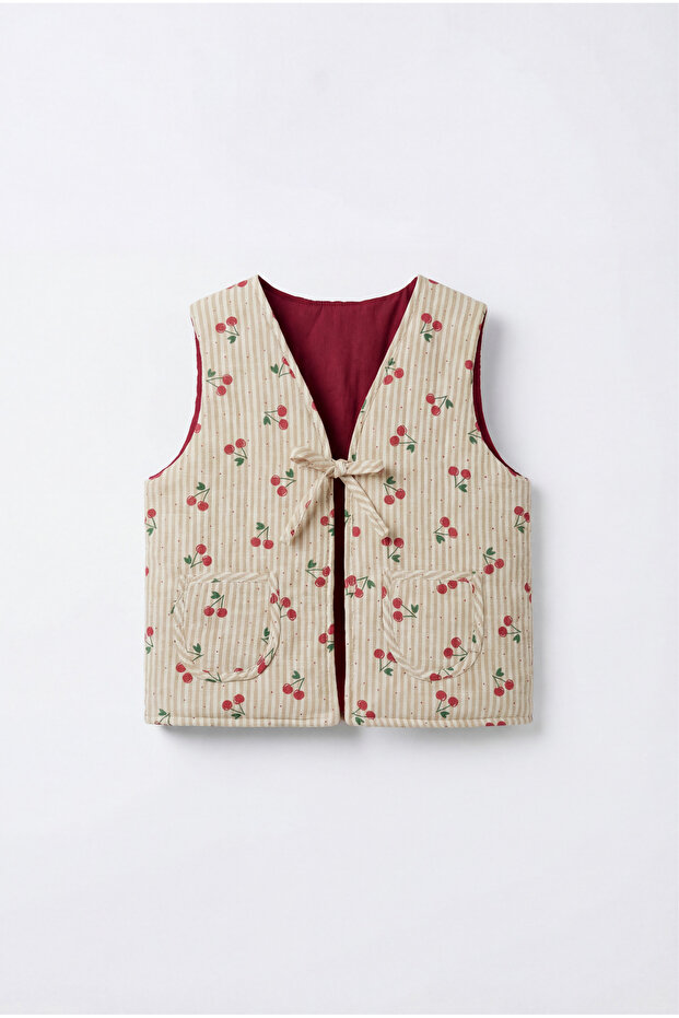 Girls' Cotton Beige Cherry Patterned Tie-Detail Vest