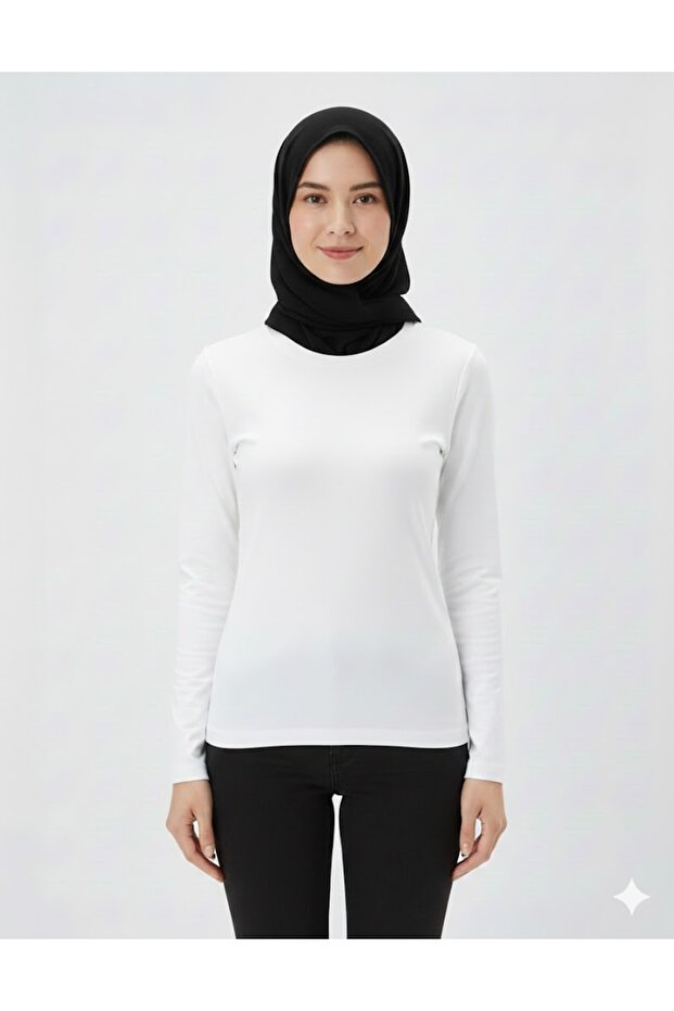 White Crew Neck Slim Fit Cotton Basic Long Sleeve Blouse Oversized Hijab Blouse Hzlrbndüz60Tbluz