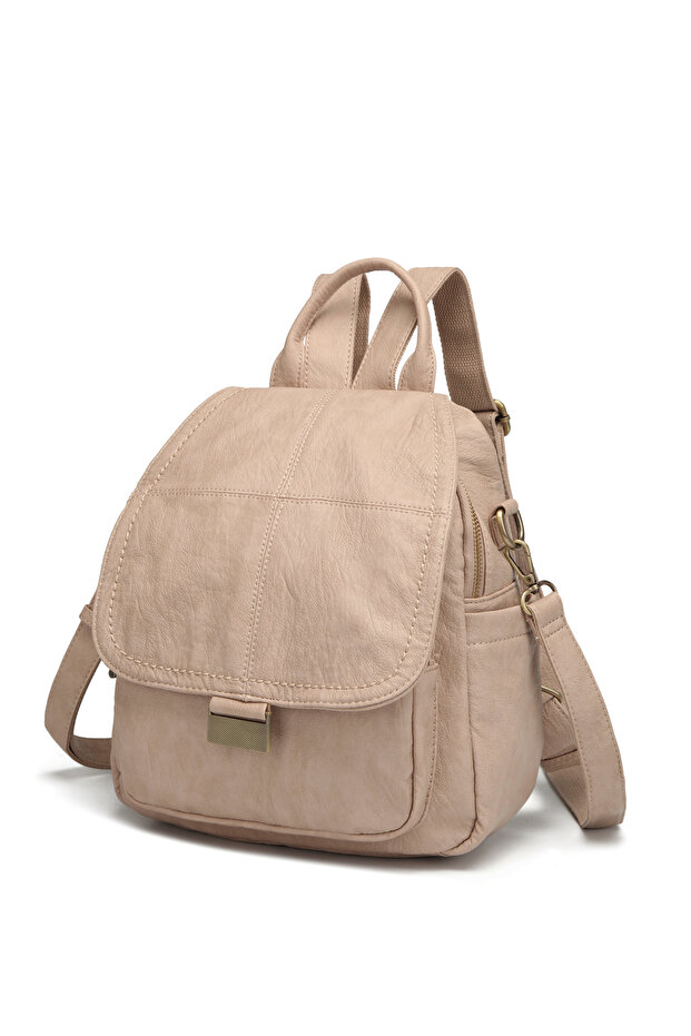 Washable Leather Cover Detailed Multi-Compartment Beige Stylish Backpack Shoulder Crossbody Bag