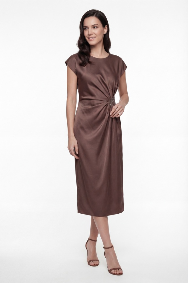 Women's Brown Crew Neck Satin Event Dress with Accessory Detail