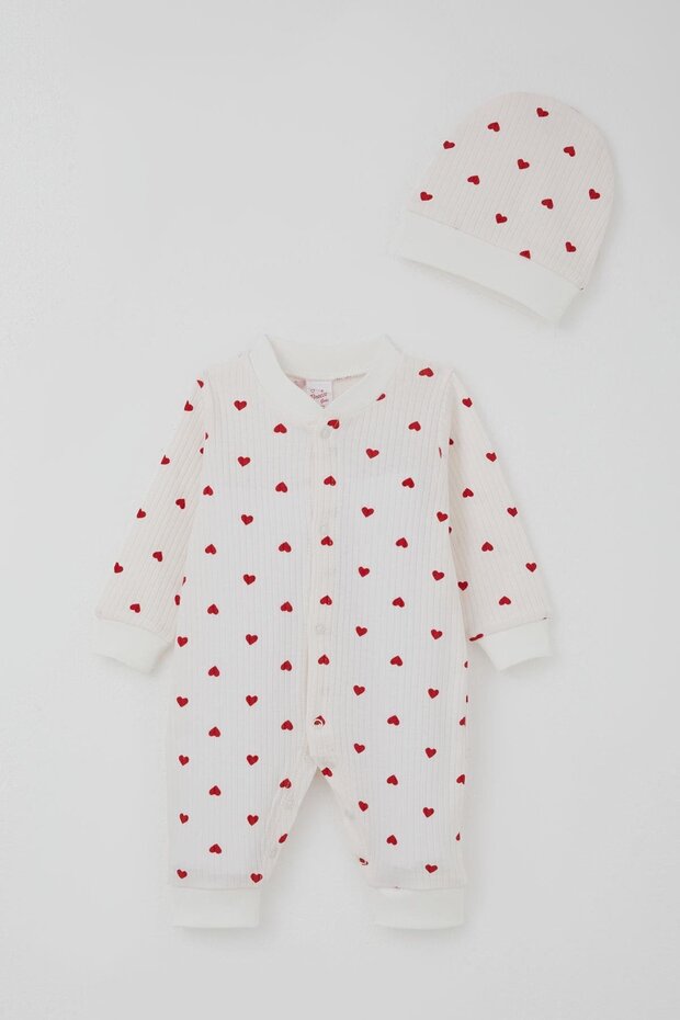 Baby Girl Jumpsuit Heart Patterned 0-6 Months, Ecru