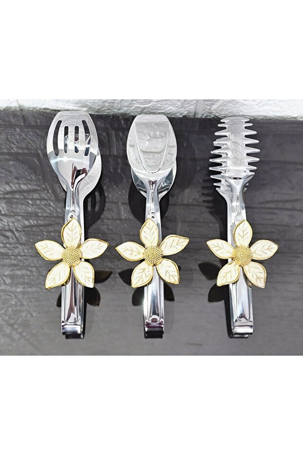 Silver Serving Tongs Set of 3 Gold Daisy White Pasta/Cake/Dinner/Presentation Tongs