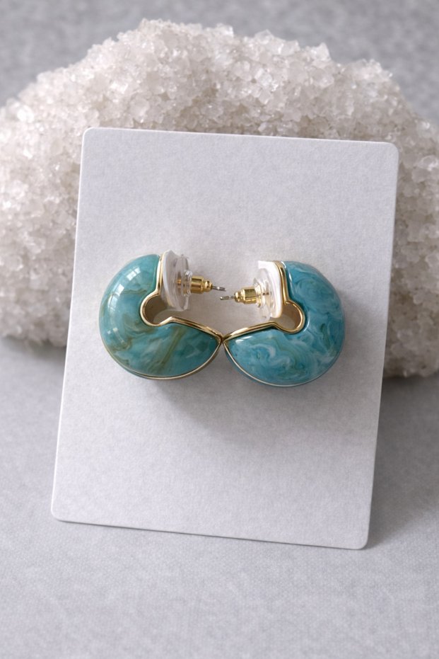Blue Marble Pattern Resin Chubby Dublin Hoop Earrings