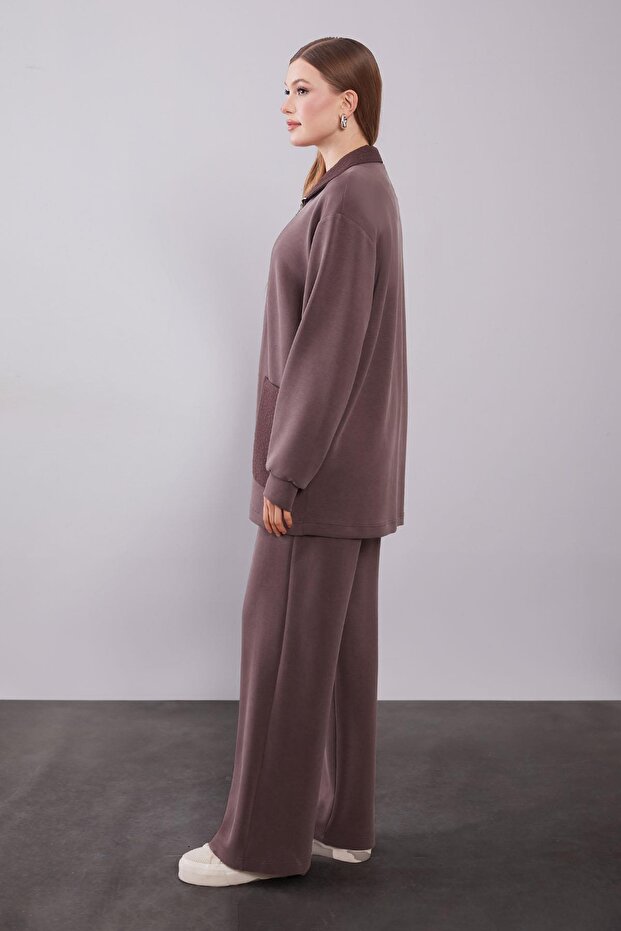 Brown Self-Patterned Collared Double Suit - 4
