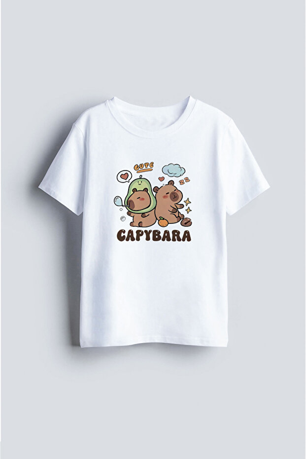 Capybara Printed White Crew Neck Kids T-Shirt T-Shirt
