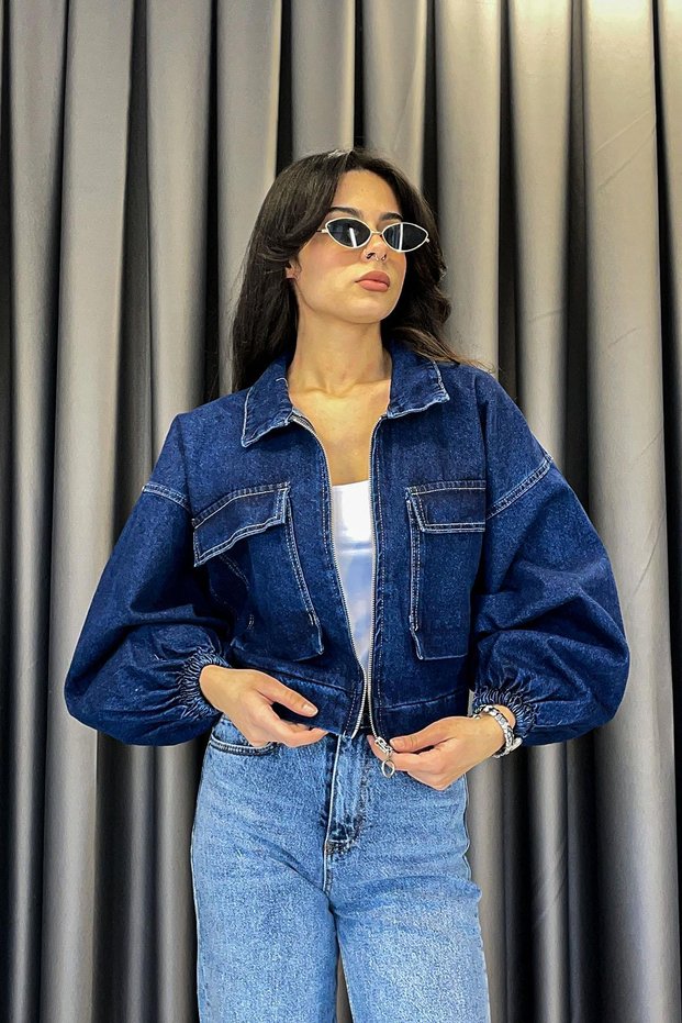 Noa Noa Pocketed Balloon Sleeve Denim Jacket - Navy Blue Dark Blue