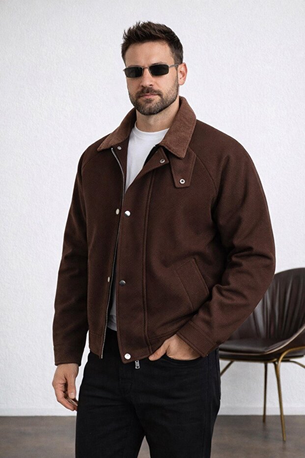 Waffle Textured Jacket with Velvet Collar Detail