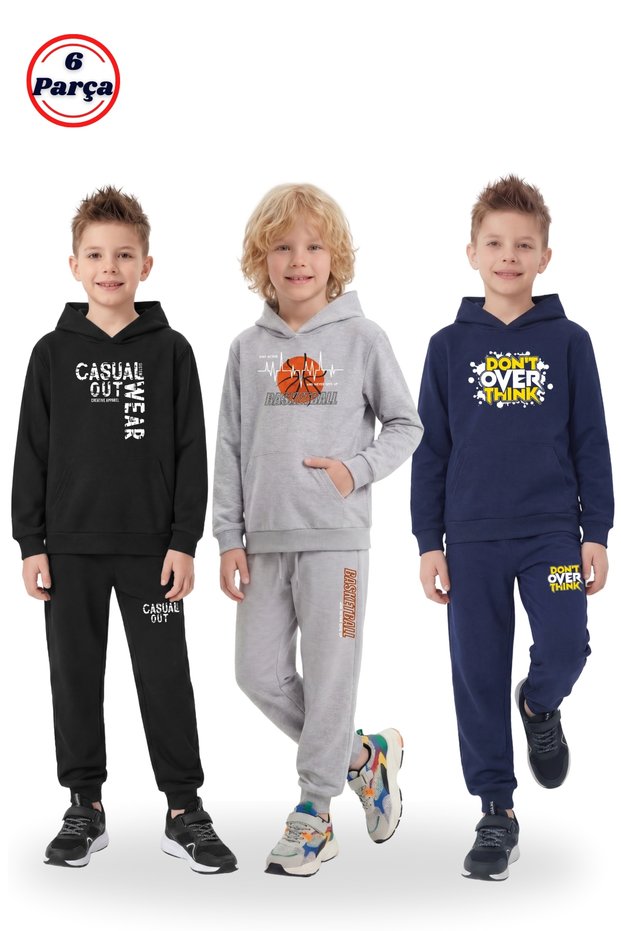 6-Piece Boys' Tracksuit Set with 3 Kangaroo Pockets and Hooded Print Detail