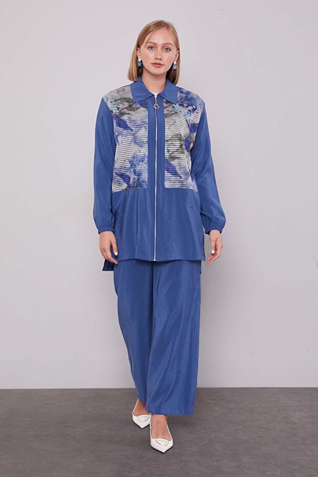 طقم مكون من قطعتين بطباعة شبكة إنديجو - 1