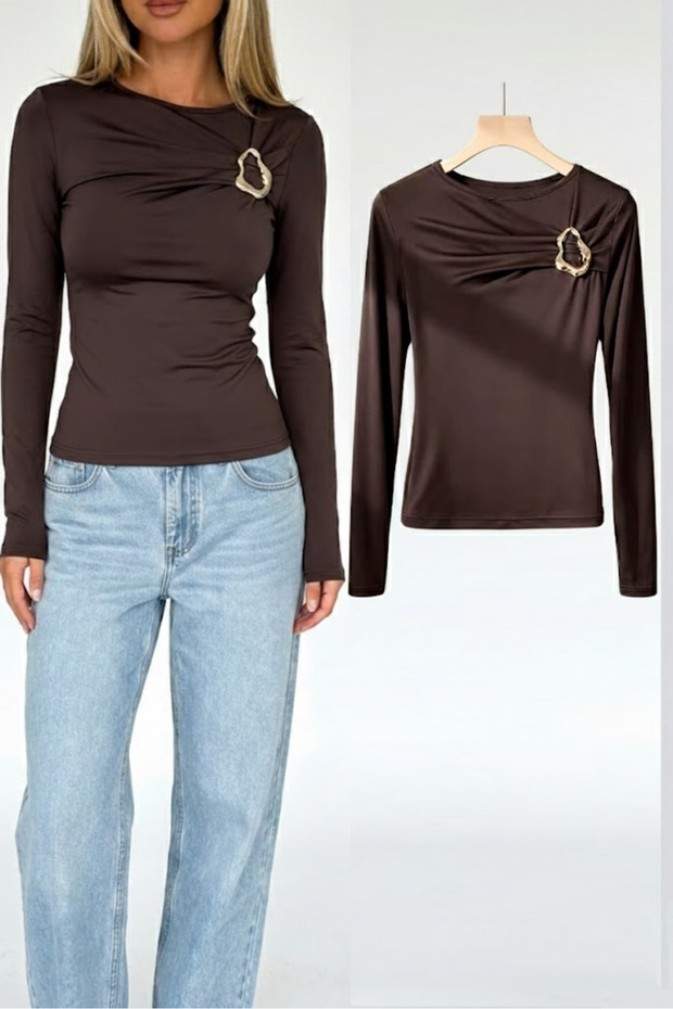 Buckled Sandy Long Sleeve Blouse with Bust Detail