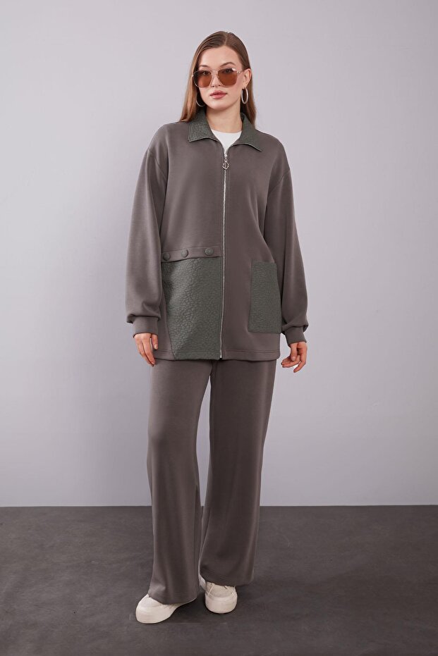 طقم مكون من قطعتين بياقة ذاتية التصميم باللون الكاكي - 2