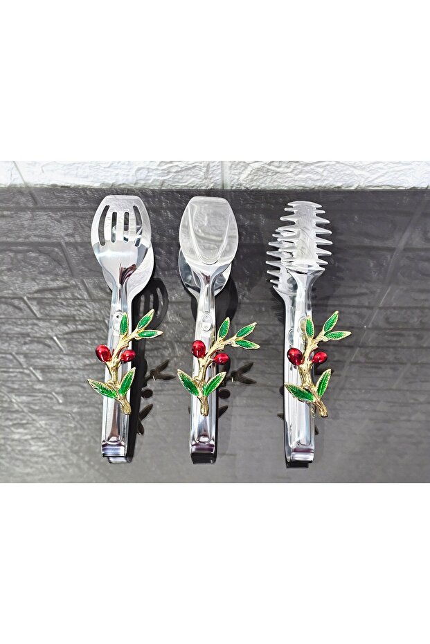 Silver Serving Tongs Set of 3 Red Olive Pasta/Cake/Dinner/Presentation Tongs