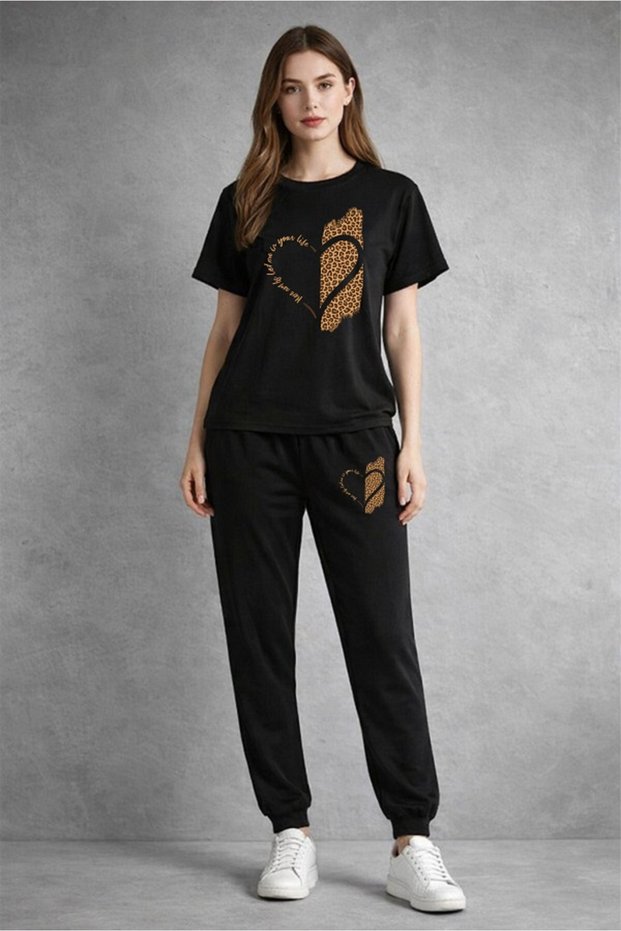 COTTON WIDE FIT 2-PIECE SET T-SHIRT TRACKSUIT LEPAR HEART PRINTED