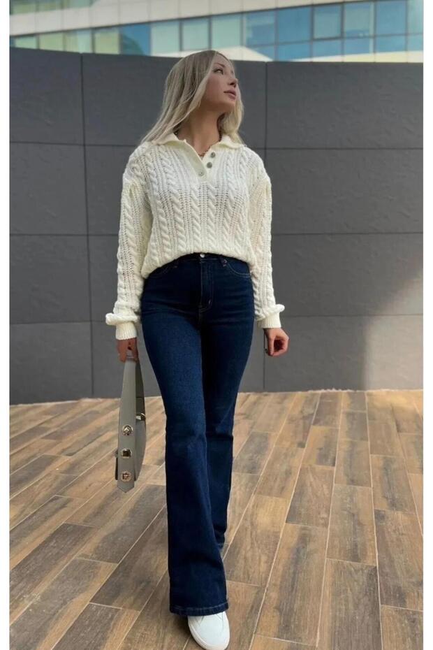 High Waisted Non-Fading Blue Snow Wash Denim Pants Shaping Flare Jeans