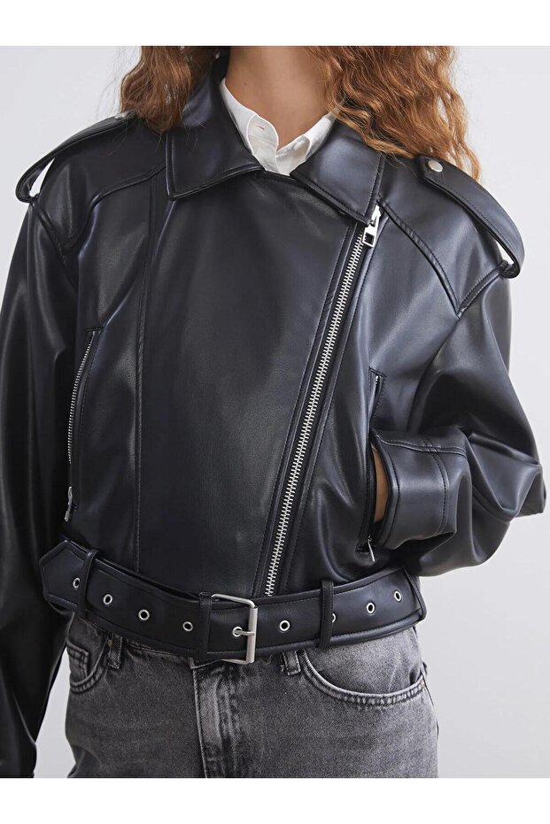 New Season Oversize Women's Black Biker Leather Jacket
