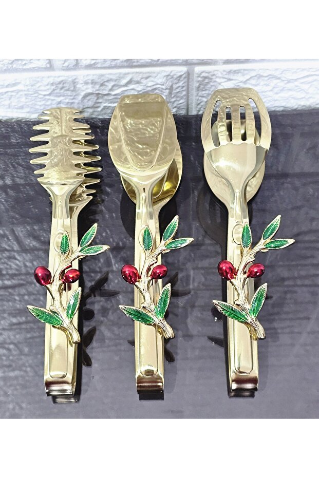 Gold Serving Tongs Set of 3 Red Olive Pasta/Pie/Dinner/Presentation Tongs