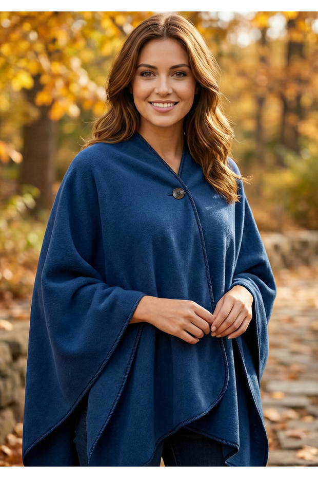 Dark Blue Warm Anti-Pilling Thick Fleece Winter Women's Shawl Poncho with Chest Button Detail