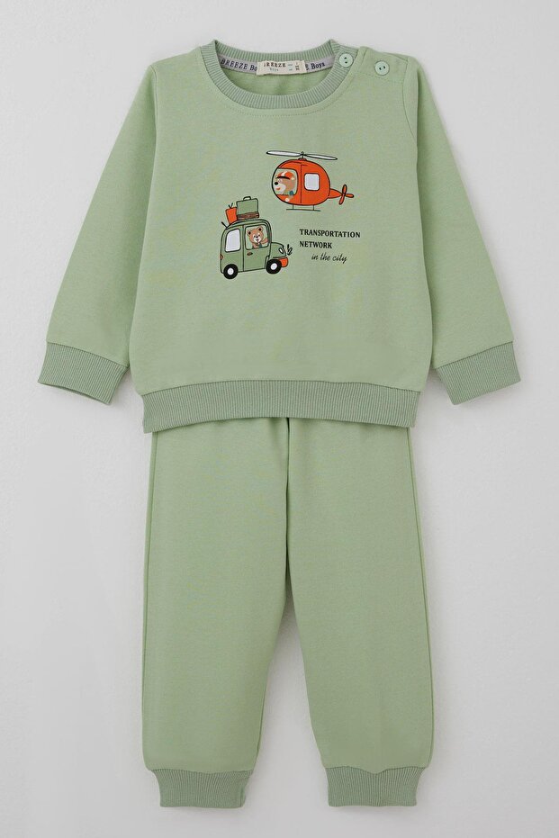 Baby Boy Tracksuit Set with Car & Helicopter, Cute Teddy Bear, 6 Months-2 Years, Pistachio Green