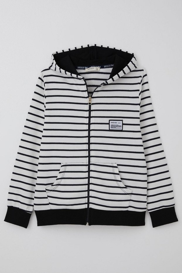 Boy's Cardigan with Arma Detail and Zipper Hood, Ages 4-8, White