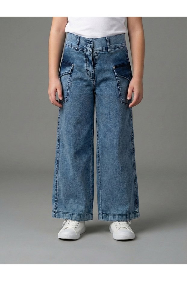 Girl's Lycra Wide Leg Cargo Pocket Jeans