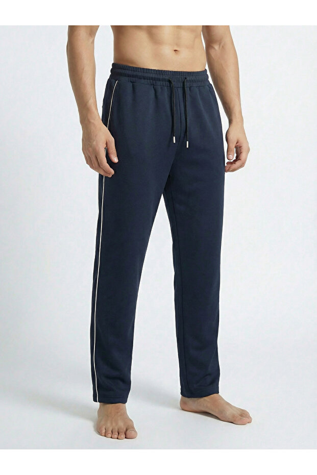 Men's Navy Blue Baggy Side-Piped Oversize Relaxed 4-Season Sweatpants with Wide Legs, 2 Yarns, Full Fit