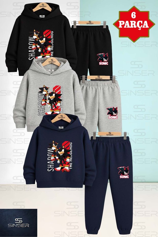 Children's Unisex Sonc 2-Piece Black 3-Piece Hooded Tracksuit Set with Side Writing