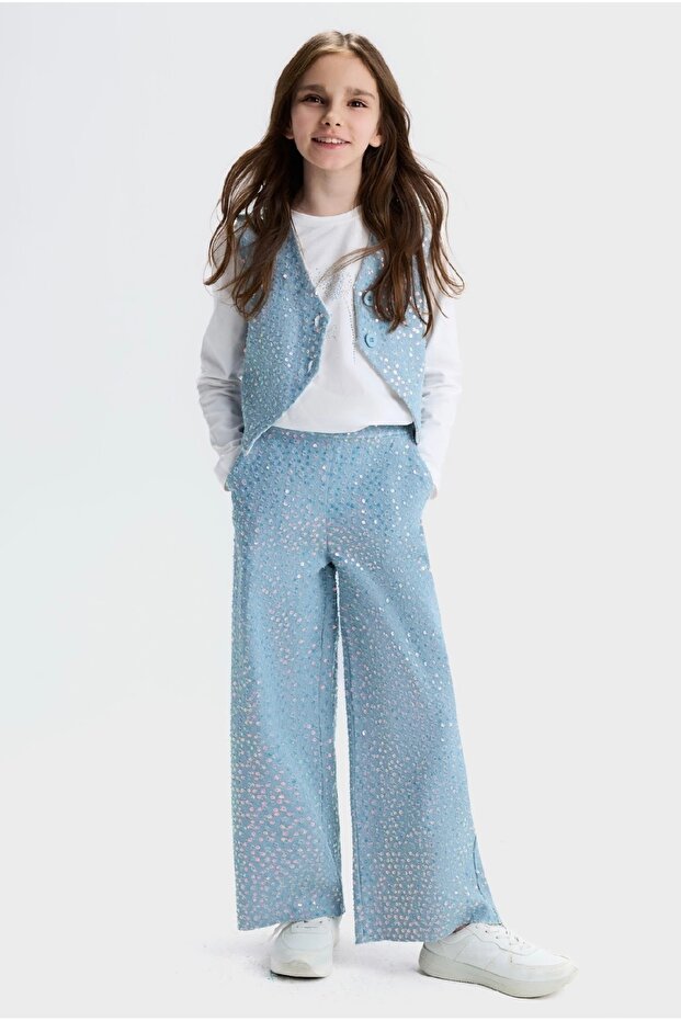 Limi Girl's Soft Texture Sequin Embroidered Denim Vest Loose Pants 2-Piece Set
