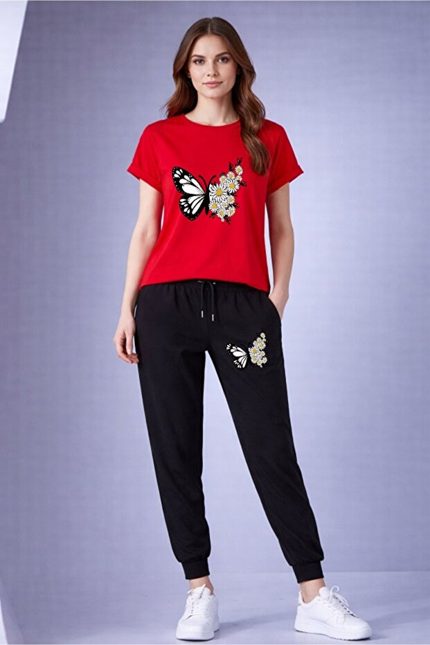 Oversize T-Shirt with Butterfly Print and Elastic Cuffs Sweatpants Set Cotton