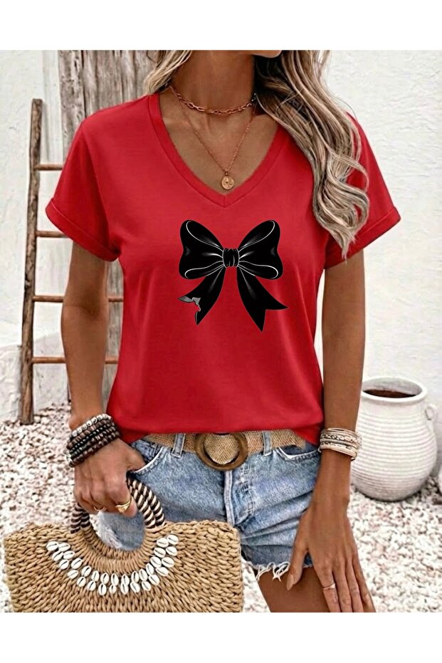 Black Ribbon Printed Women's Oversize V-Neck T-Shirt