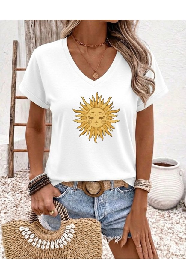 Sari Sun Printed Women's Oversize V-Neck T-Shirt