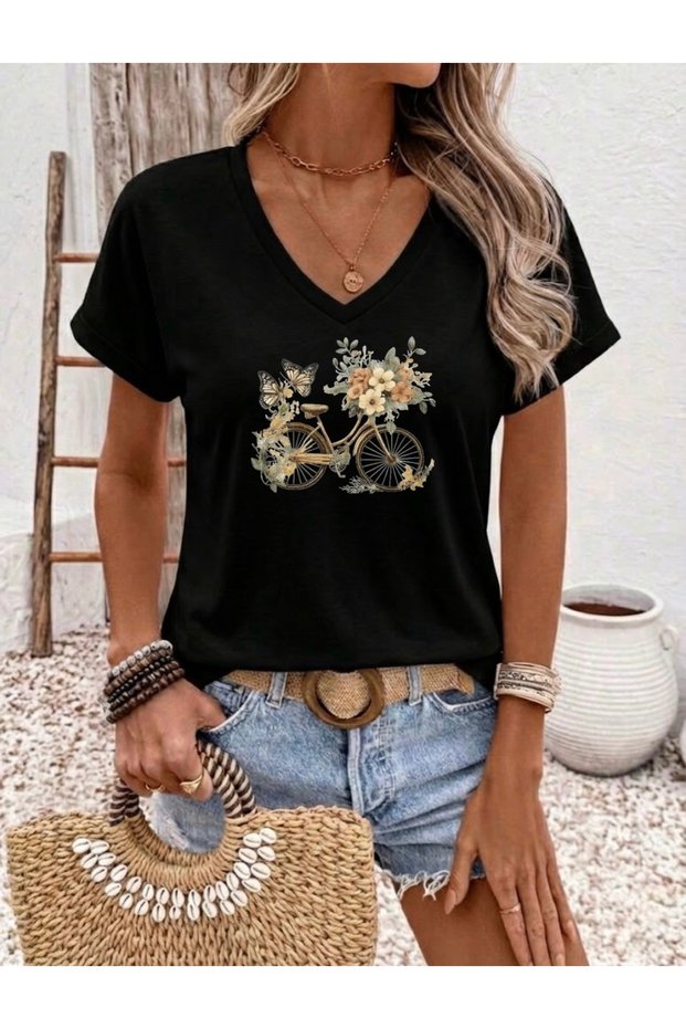 Flowered Butterfly Bicycle Printed Women's Oversize V-Neck T-Shirt