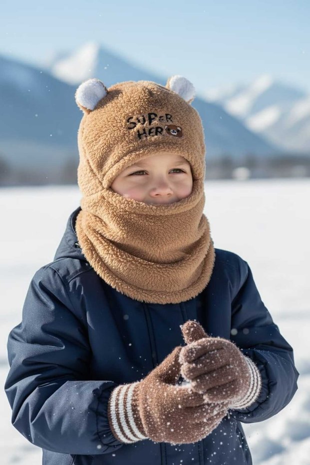 Plush Children's Cute Teddy Bear Snow Mask Super Hero 3-9 Years Old Children's Beanie Brown