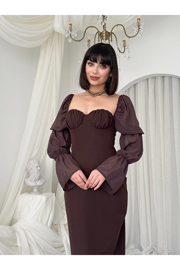 Padded Chest Lined Sleeves Tulle Midi Long Premium Dress