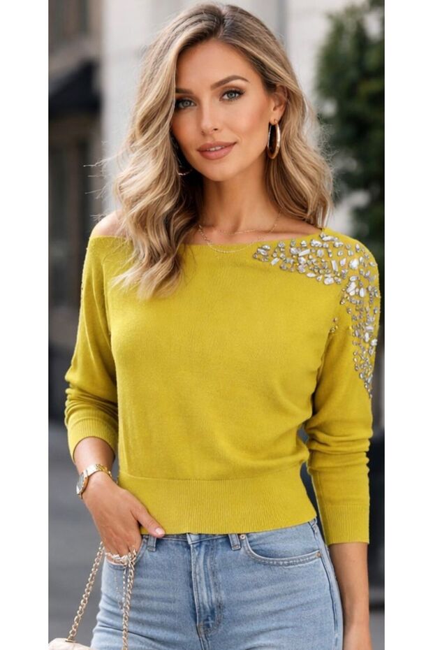 Tek Omuz Taş İşlemeli Triko Bluz - 4