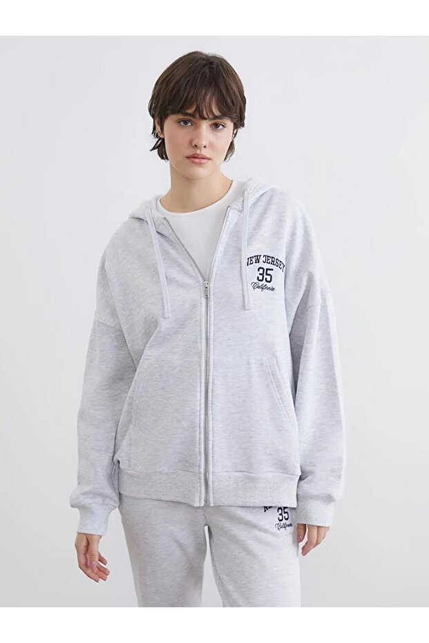 Gray New Jersey Embroidered Women's Thick Zipper Sweatshirt (S6)
