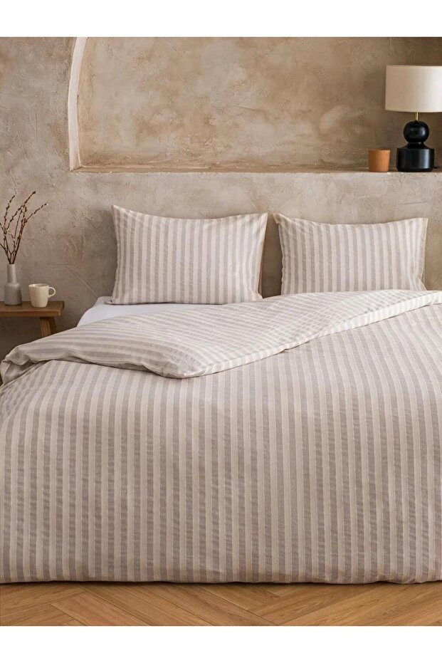 Beige Striped Double Duvet Cover Set (S6)