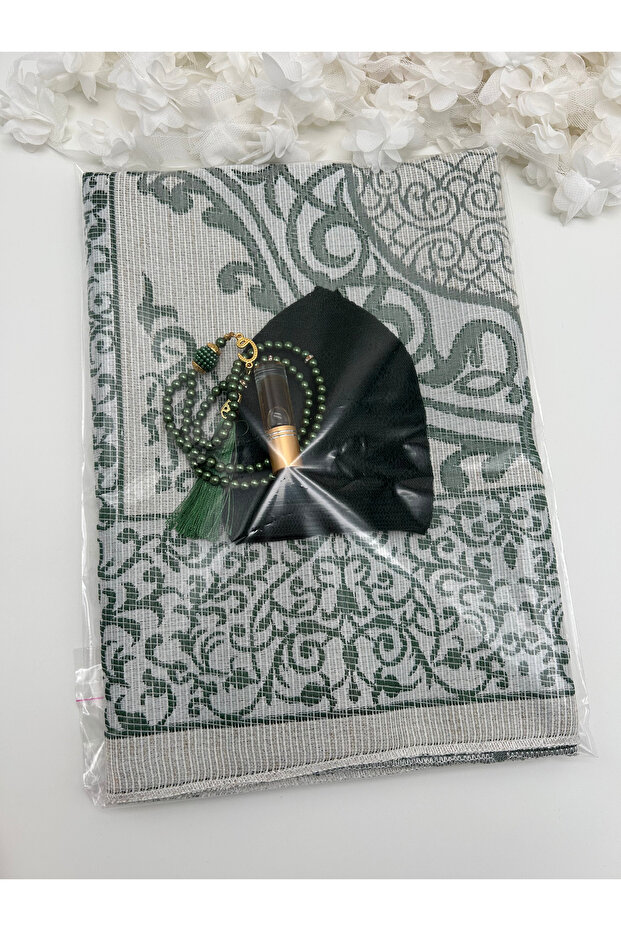 10 Pieces Men's Prayer Rug, Prayer Beads, Skullcap and Fragrance Set, Hajj Umrah Gift