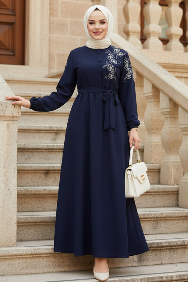 Belted Navy Blue Hijab Dress 30550L
