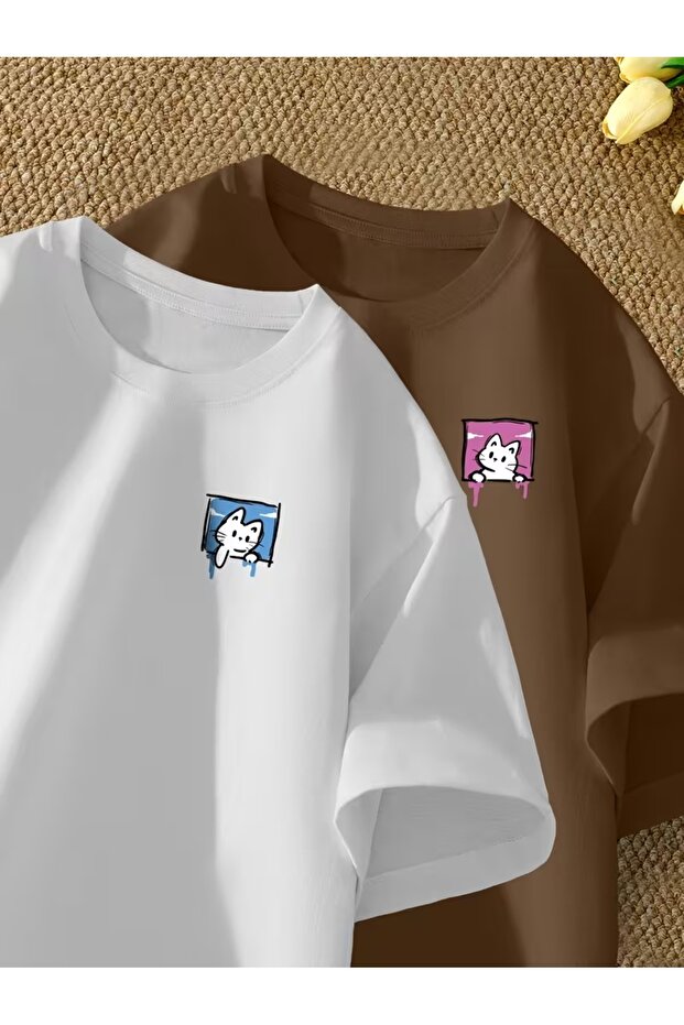 Unisex Women's and Men's Cute Cat Printed Lover Couple Combination Design Oversize T-Shirt 2-Pack