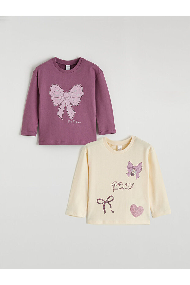 Purple Long Sleeve Girls' Printed 2-Piece T-Shirt