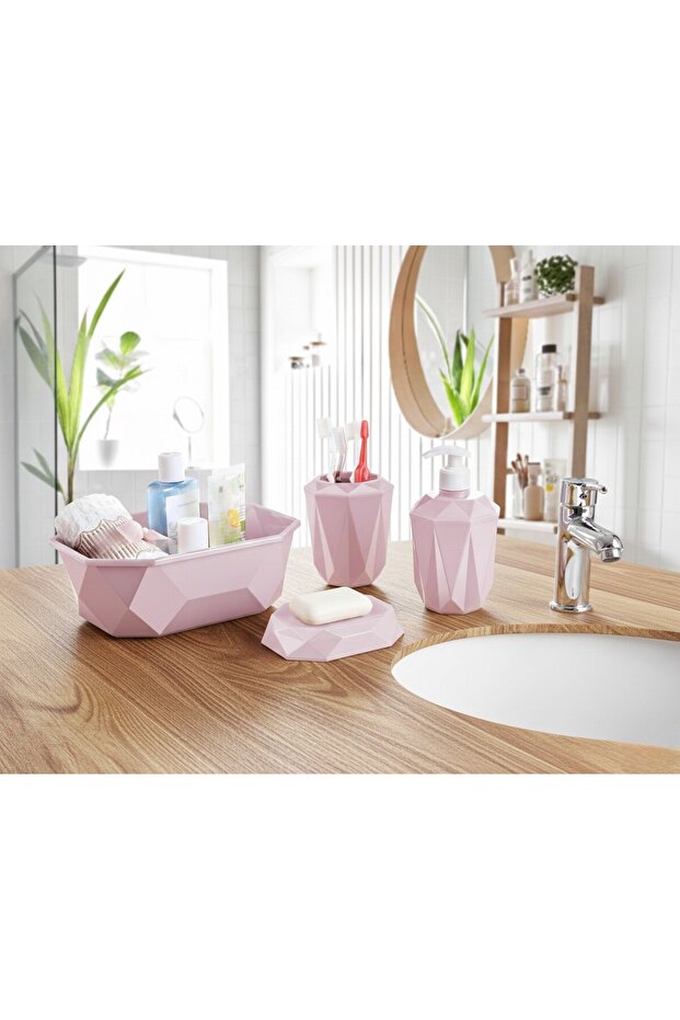 Geometric Design 4-Piece Bathroom Set Soap Dispenser, Toothbrush Holder, Liquid Soap Dispenser, Basket
