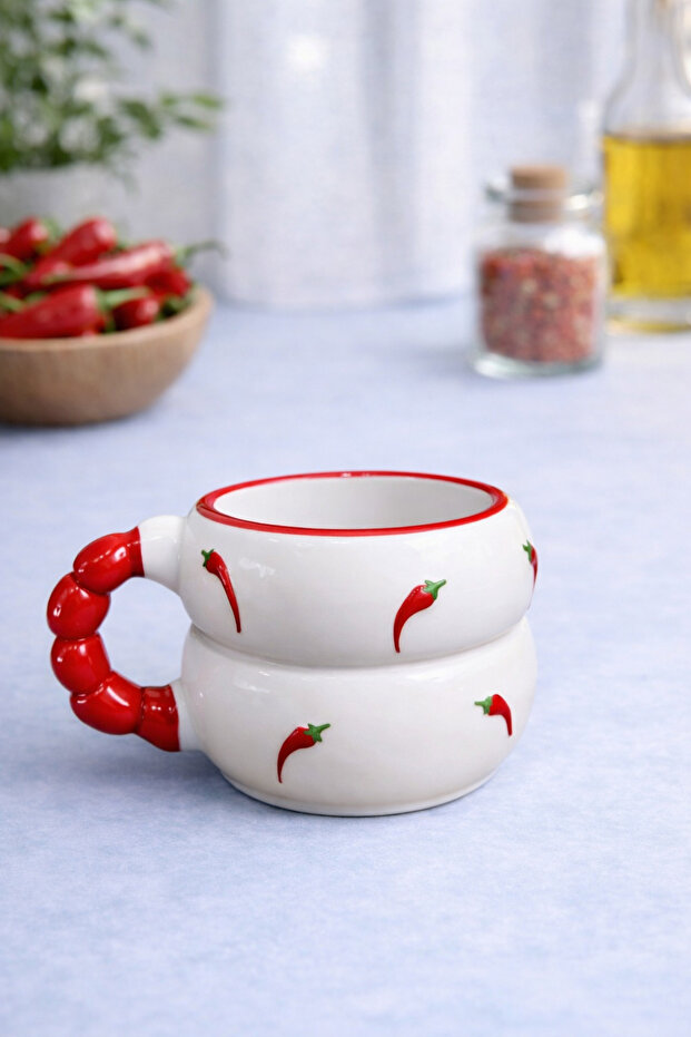Lucky Pepper Patterned Special Embossed Fully Handmade Ceramic Mug