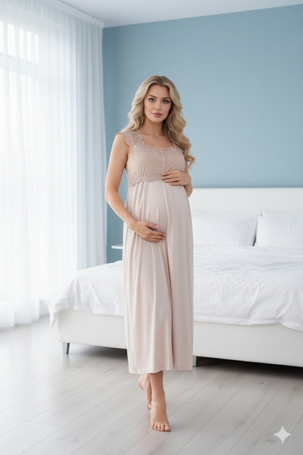 New Season Women's Beige Lace Detailed Summer Special Design 100% Cotton Maternity Nightgown