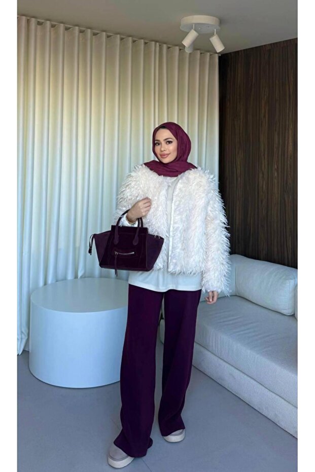Women's White Woolen Long Fur Coat